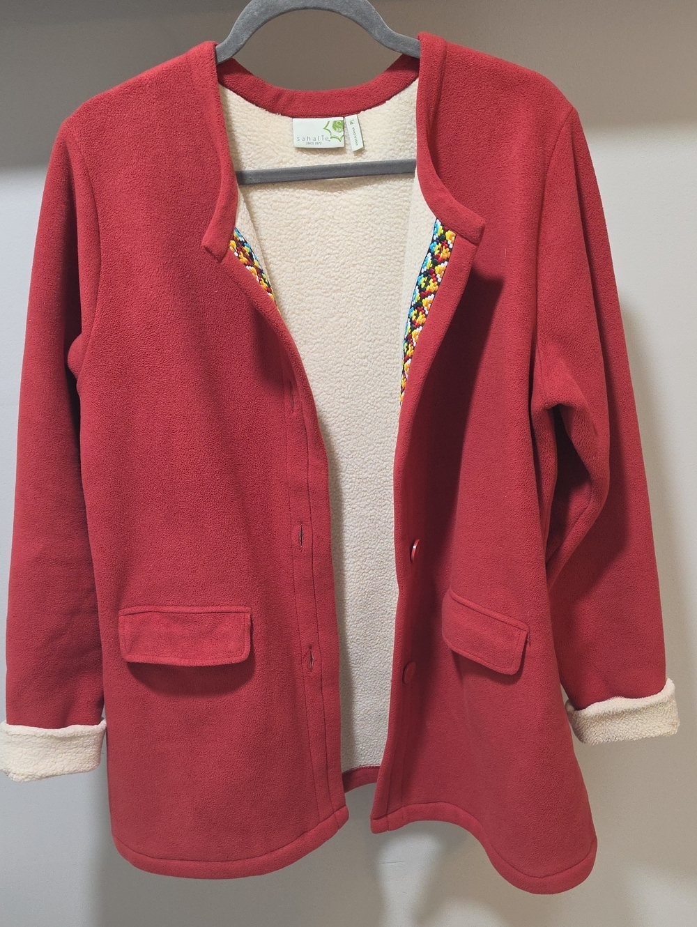 sahalie Red Teddy Jacket with Cream Sherpa Lining